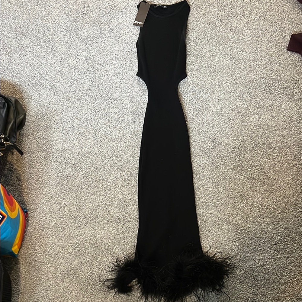 Elegant Black Feather-Trimmed Dress